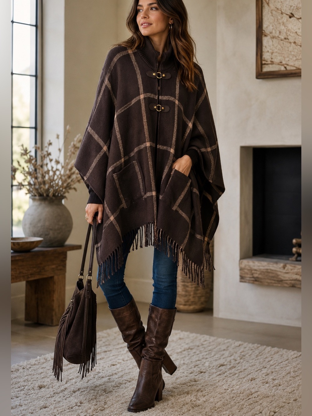 Marc New work brown Plaid Fringe Poncho - Cozy Knit Cape